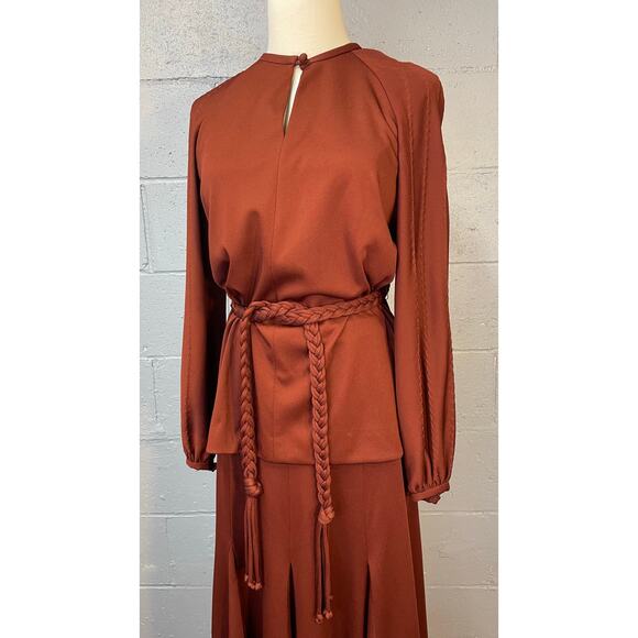 Vtg 70s Russet Brown Knit Polyester 3 Piece Pleated Skirt Set Tunic Keyhole Neck - Picture 1 of 11